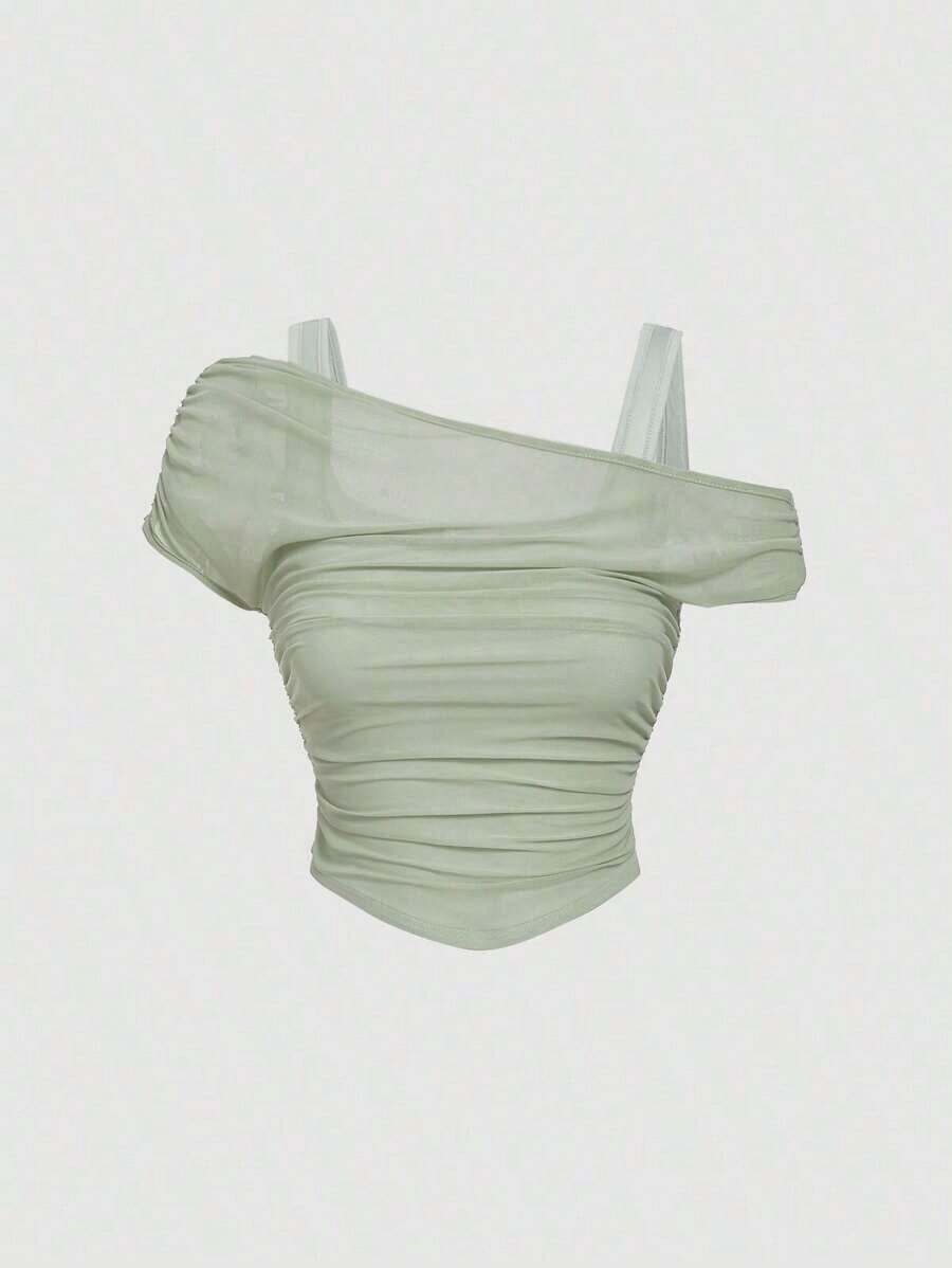 Top de chaleco de unicolor cubierto por una manga abullonada de malla color albaricoque para mujer - Verde - Ver 1