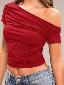 Camiseta corta ajustada con cuello asimétrico y fruncido, de unicolor, informal, para verano - Rojo - Ver 5