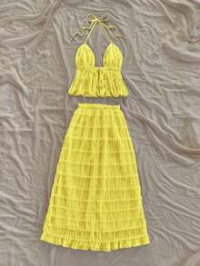 Nuevo top sin espalda con tirantes ajustables y textura, para primavera, verano, Pascua, festivales de música electrónica, estilo occidental para mujer, bohemio, vaquera, modesto, estilo fairy core, vacaciones tropicales, despedida de soltera, - amarillo ganso - Ver 2