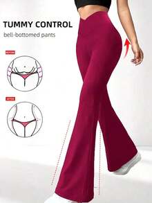 Pantalones acampanados con cintura cruzada para mujer, pantalones deportivos y de yoga de unicolor de poliéster de alta elasticidad, pantalones casuales largos con cintura cruzada, mallas ajustadas de unicolor para entrenamiento, pantalones de pierna ancha de tejido de punto adecuados para fitness y uso casual, negro, primavera - Rosa Fucsia - Ver 1