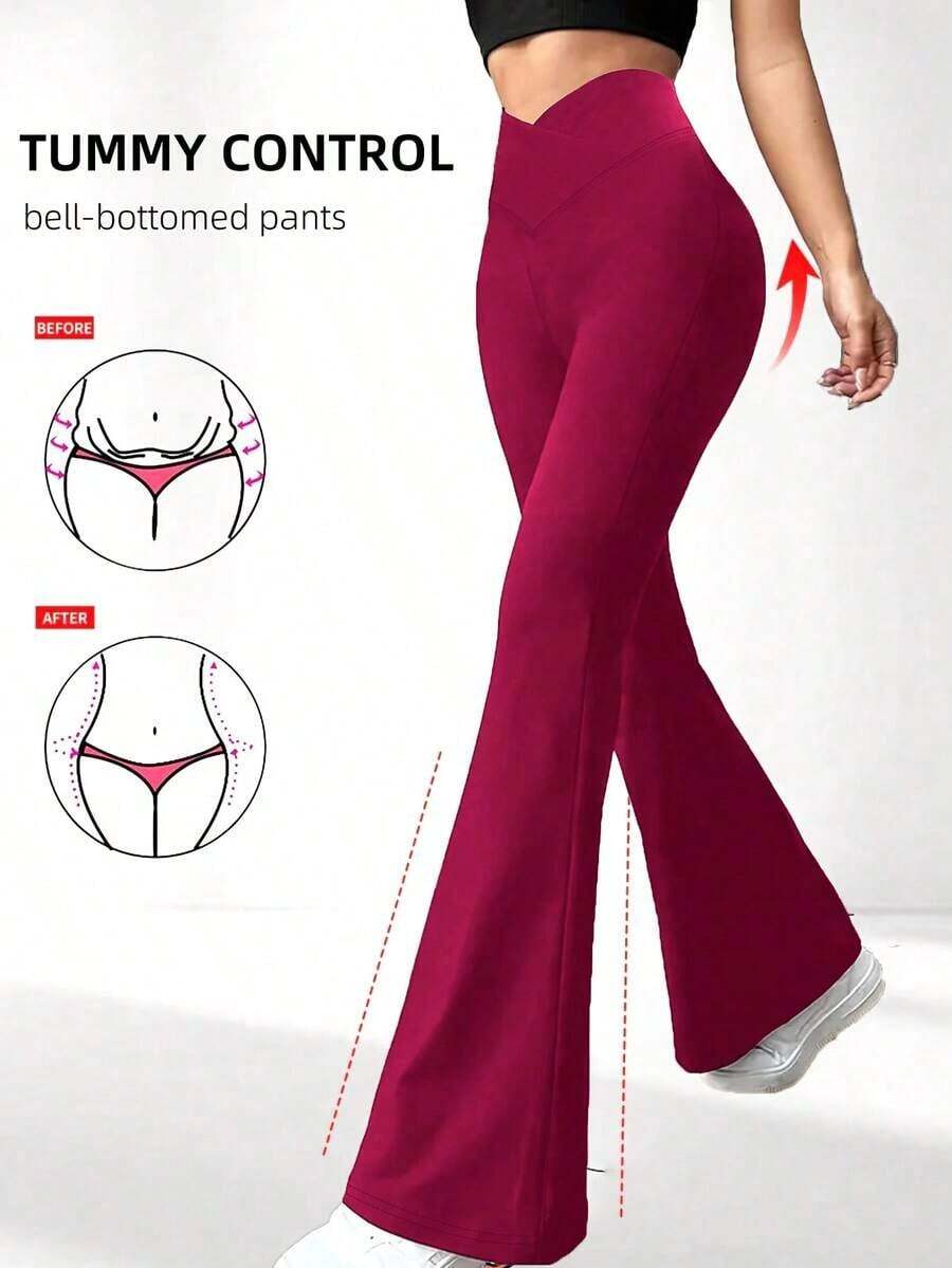 Pantalones acampanados con cintura cruzada para mujer, pantalones deportivos y de yoga de unicolor de poliéster de alta elasticidad, pantalones casuales largos con cintura cruzada, mallas ajustadas de unicolor para entrenamiento, pantalones de pierna ancha de tejido de punto adecuados para fitness y uso casual, negro, primavera - Rosa Fucsia - Ver 1