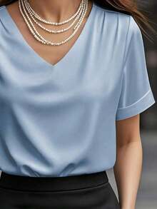 1 pieza Blusa de mujer de unicolor de satén con cuello en V y manga corta, elegante y de moda para uso diario, oficina, hogar, citas, primavera/verano, color negro casual - Celeste - Ver 4