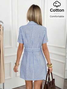 Vestido camisero de mujer de manga corta con rayas - Azul y blanco - Ver 7
