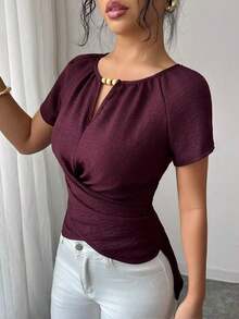 Blusa de manga corta con cuello redondo, estilo envolvente, elegante y casual, con cinturón y cuentas, adecuada para ir al trabajo, citas, y uso durante todo el año en primavera/verano.Blusa elegante para damas, apropiada para fiestas, citas, oficina, negocios, vida diaria en primavera/verano, temporada de graduación, Día del Maestro, vuelta al colegio, Acción de Gracias.Blusa de manga corta para uso diario, de unicolor con cuentas. - Morado - Ver 8