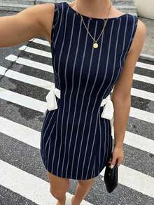 Vestido coreano de mujer con estampado de lunares, lazo y tirantes versátil y de moda - Azul marino - Ver 3