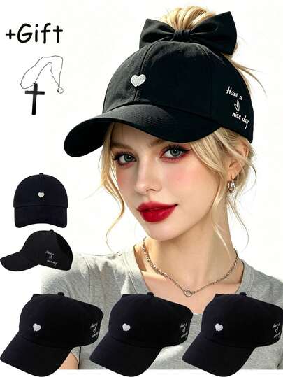 Women's Heart Embroidery Ponytail Hole Top Baseball Cap, Add A Cross Necklace.Versatile Sun Visor Hat For Summer, High Ponytail Baseball Cap,Classic Adjustable Hat, Suitable Everyday Casual Wear, Holidays, Parties, Shopping And Other Occasions