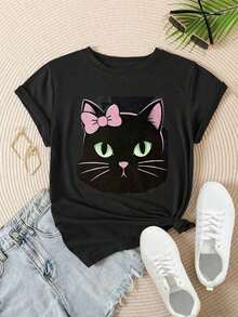 Camiseta Casual de Mujer con Estampado de Gato Negro Vintage con Lazo Rosa y Ojos Verdes, Adecuada para Todas las Temporadas  
 BlackFashion - Negro - Ver 2
