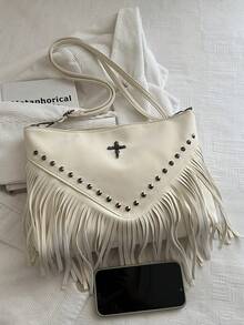 Túi đeo chéo da cổ điển, túi đeo vai phong cách Bohemian, túi đeo chéo trang trí đinh tán vuông, túi đeo chéo thường ngày phù hợp cho du lịch và sử dụng hàng ngày, túi đeo chéo công sở di động có tua rua - trắng - Xem 4