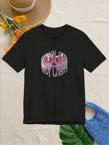Jiangshan Heart Akura Cherry, Letter Print, Short-Sleeve T-Shirt, Daily Wear For Sweet Girls Or Students, Cool And Sweat-Free Summer Clothes, Elegant Party Outfit, T-Shirt For Elegant Ladies, Blouses Suitable For Curvy Women - 黑色 - 查看 2