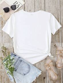 Camiseta con estampado de flores y plumas, camiseta casual de manga corta y cuello redondo para primavera y verano, ropa de mujer transpirable y cómoda. - Blanco - Ver 3