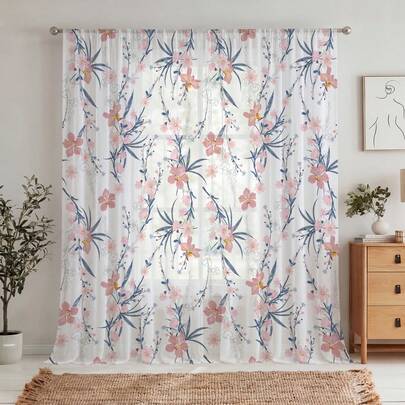 1PC Soft Pink & Blue Floral Curtains, Light Filtering Fabric, Delicate Romantic Room Accents For Guest Room, Bedroom, 52"W * 84"L