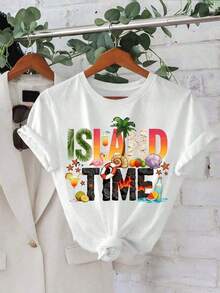 1 Piece Of Summer T-Shirt For Mother's Day, For Women, With "Cruise Life" And "Summer Vibe" Letter Print, Short Sleeve, Round Neck, Loose And Comfortable, Summer Clothing, Easter, 180g, 100% Cotton, All Designs Are Printed. Unisex. - 白色 3 - 查看 12