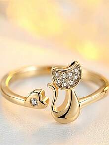 1pc Cute Cat Shaped Rhinestone Adjustable Open Ring, Minimalist Versatile, Suitable For Daily Wear, Gift For Friends - Open Ring - View 9
