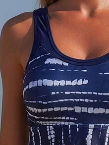 Traje de baño tipo tank azul marino con estampado para mujer para vacaciones de verano - Azul Marino - Ver 5