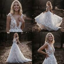 Women's Elegant Lace Deep V-Neck Wedding Dress, Romantic Bridal Gown With Flared A-Line Skirt, Formal Evening Party Dress, Perfect For Dating, Banquet, Travel, Birthday, Celebration, Vacation, Prom, Special Occasions - 白色 - 查看 6