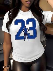 Large Number 23 In Blue With The Silhouette Of An Athletic Figure In The Center Conveying Strength, Discipline And Confidence. Women's T-Shirt For Casual Wear, Modern And Comfortable. - 白色 - 查看 5
