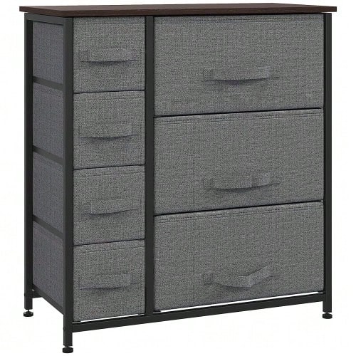 Storage Cabinet With 7 Foldable Fabric Drawers, Metal Frame With Wood Look, Grey, 63.5 X 30 X 71 Cm. - Dark Grey - View 1