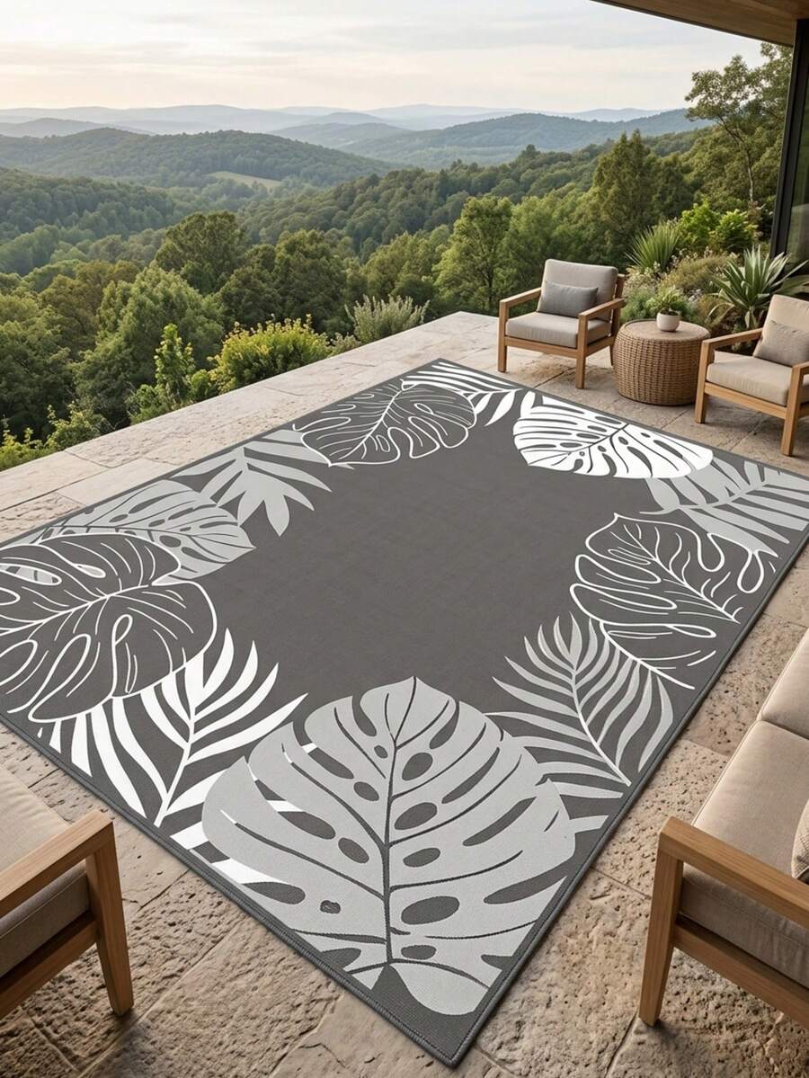 1PC Rug, Carpet, Area Rug, Door Mat, American Modern Classic Tropical Print Gray Leaf Pattern Outdoor Carpet, Entrance, Balcony, Garden, Outdoor, Patio, Living Room, All-Season Soft Machine Washable Rug Mat, Home Decor - Multicolor - View 1