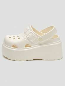 9cm Platform Women's Summer Outdoor Slip-On Sandals, Thick Sole Closed Toe Beach Slides, Solid Color Garden Shoes - White - View 4