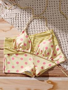 Women's Retro Polka Dot High-Waisted Bikini Set, Purple & Pink Swimwear, Suitable For Music Festivals, Swimming Pools, Parties, Summer Beach Vacation - Light Yellow - View 9