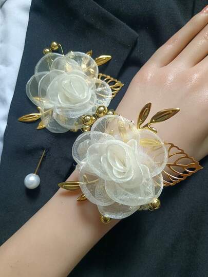 1pc Wrist Corsage + 1pc Unisex Beige Chiffon Boutonniere, Elegant Bridesmaid Wrist Flower, Groomsman Lapel Flower, Wedding Party Accessory, Celebration, Party, Daily Wear