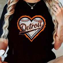 Camiseta de Verano para Mujer, Estilo Casual, con Estampado Gráfico de los Detroit Heart Tigers - Corte Regular, Cuello Redondo, con Detalle de Aplique Geométrico (1)Moda - Negro - Ver 7