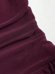 Vestido largo de manga larga con hombro asimétrico, volantes y tela con brillo, elegante y sexy para fiesta, otoño/invierno - Rojo - Ver 6
