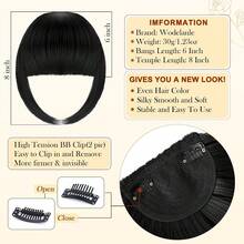 Clip In French Bangs With Temples |   Natural Curved Faux Bangs Hair Extensions For Women Daily Wear - Dark Black - View 2