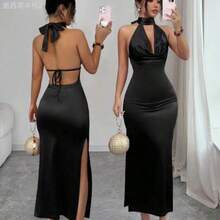 Elenzya Women's Backless Tie-Up Sexy Satin Stand Collar Dress - Negro - Ver 1