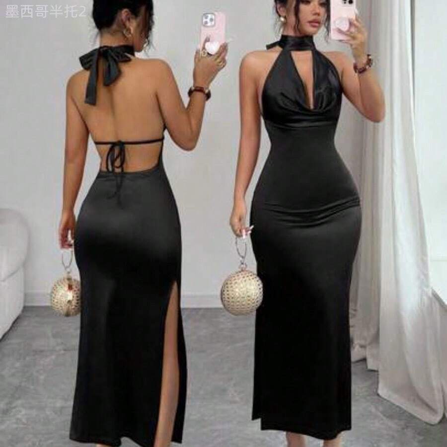 Elenzya Women's Backless Tie-Up Sexy Satin Stand Collar Dress - Negro - Ver 1