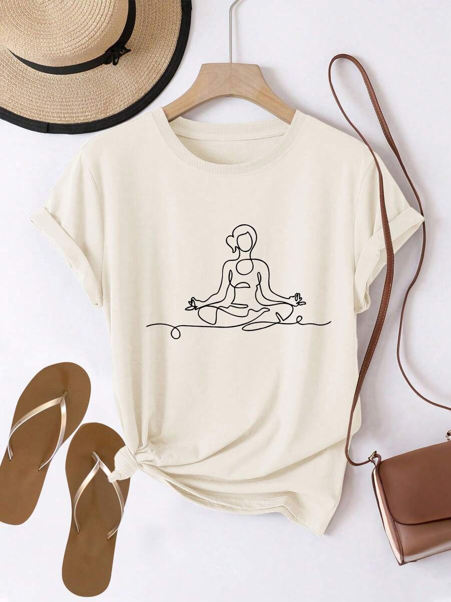 Women's Modern, Casual T-Shirt, Perfect For Parties And Lounging At Home. 100% Cotton, Loose Fit. Short-Sleeved Round-Neck T-Shirt With A Meditation Print. 100% Cotton - 杏色 - 查看 1
