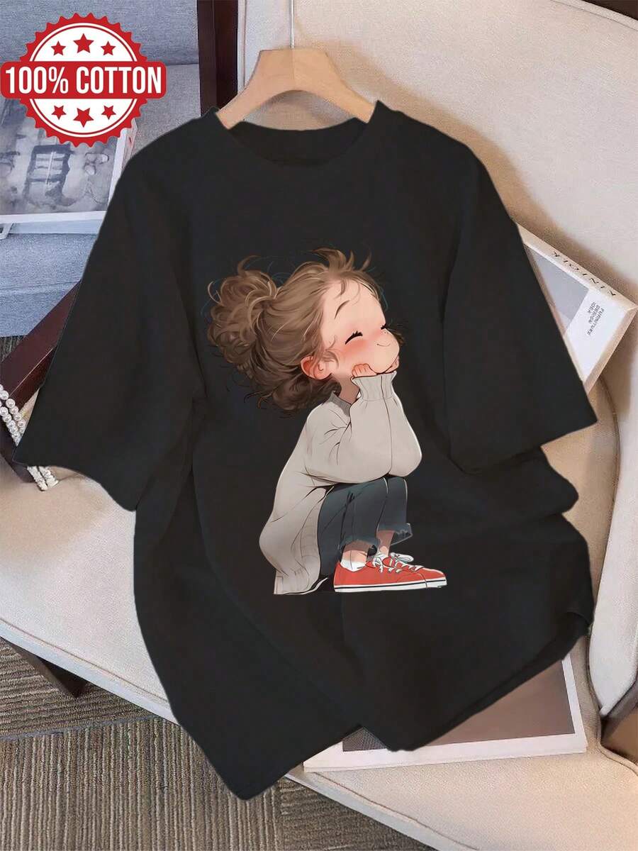 Women's Casual Summer T-Shirt, Breathable, With Curly Hair Print, Short Sleeve, Round Neck [Lang K] - 黑色 - 查看 1