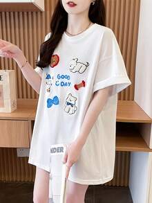Camiseta de talla grande para mujer, camiseta de verano con bordado de dibujos animados, corte holgado, adelgazante, versátil, de manga corta. - Blanco - Ver 6