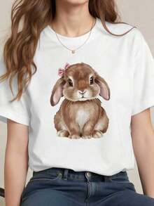 Summer Women's T-Shirt With An Adorable Bunny Bow, Perfect For Spring. 100% Cotton, Relaxed Fit, Breathable, Urban Hip-Hop Style, Unique Graphic Print. Fashionable All-Match Women's Short Sleeve T-Shirt, Basic Style For Inner & Outerwear - 白色的 - 查看 6