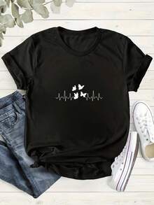 Women's Classic Blouse, Black And White T-Shirt With Butterfly And Heartbeat Print, High-Quality Print, Round Neck, Basic Loose Fit, For Men And Women, Breathable, Versatile, Machine Washable, Comfortable, Sizes S-3XL, Daily Wear, Casual, Sporty, Summer Essential. Summer T-Shirt - 黑色 - 查看 5