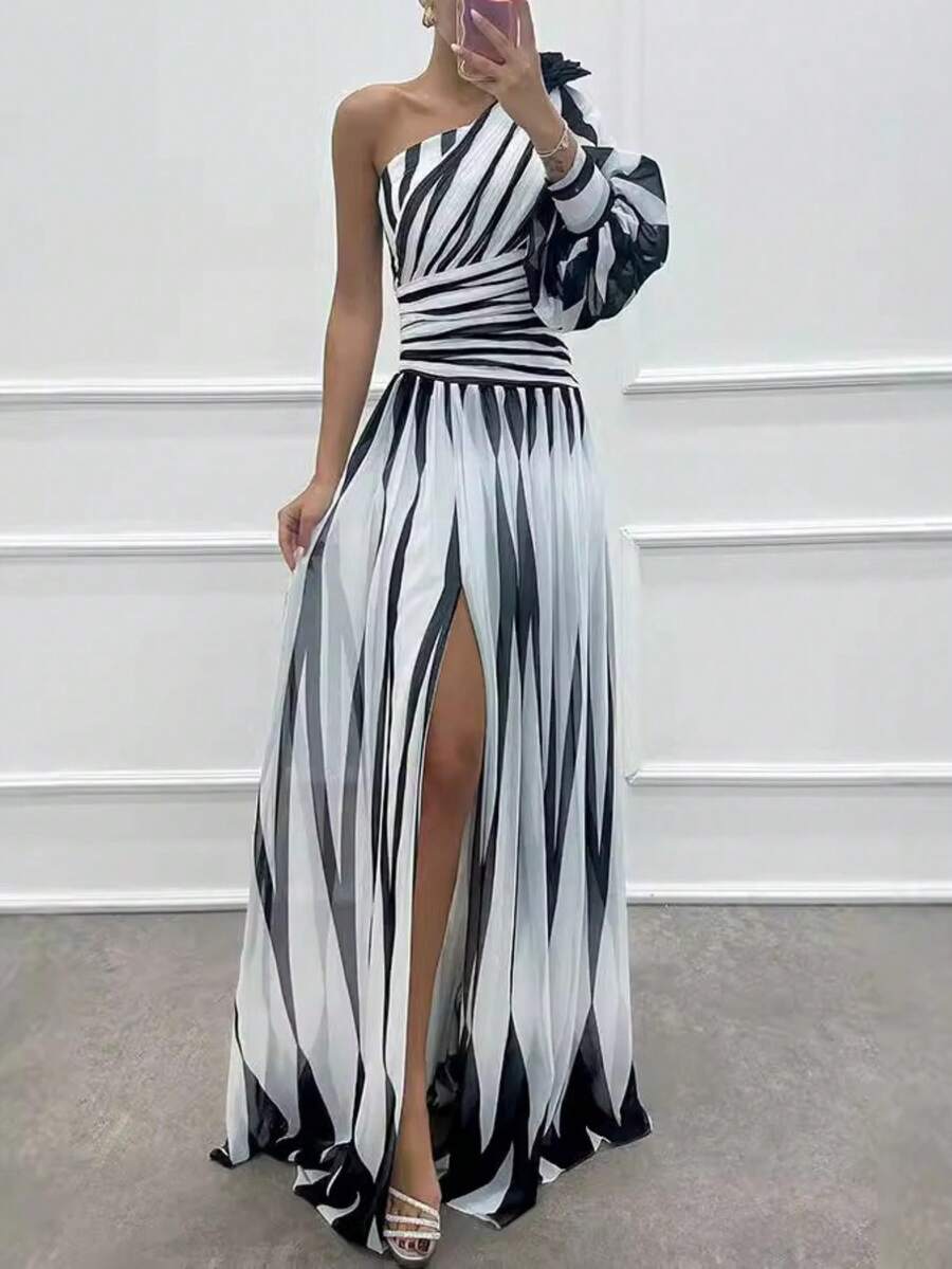 Off-The-Shoulder Print Dress With A Casual Slit For Everyday Wear - 白色 - 查看 1