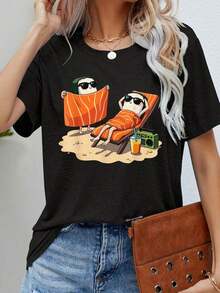 Playera de mujer,con su estampado único, destaca entre la multitud. Confeccionada en un tejido de algodón cómodo y transpirable, es la opción perfecta para el día a día en casa, vacaciones informales y fiestas. streetwear Ideal para todas las estaciones  flash oferta YDNF 100% Cotton Blusas Bonito - Negro - Ver 1
