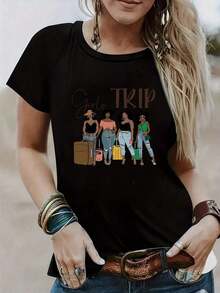 Camiseta de Cuello Redondo con Estampado de Letras GIRLS TRIP, Top Casual de Manga Corta para Primavera y Verano, Ropa de Mujer, 1 Pieza, 200gsm, Tejido de Punto de Poliéster con Cuello Redo - Negro - Ver 6