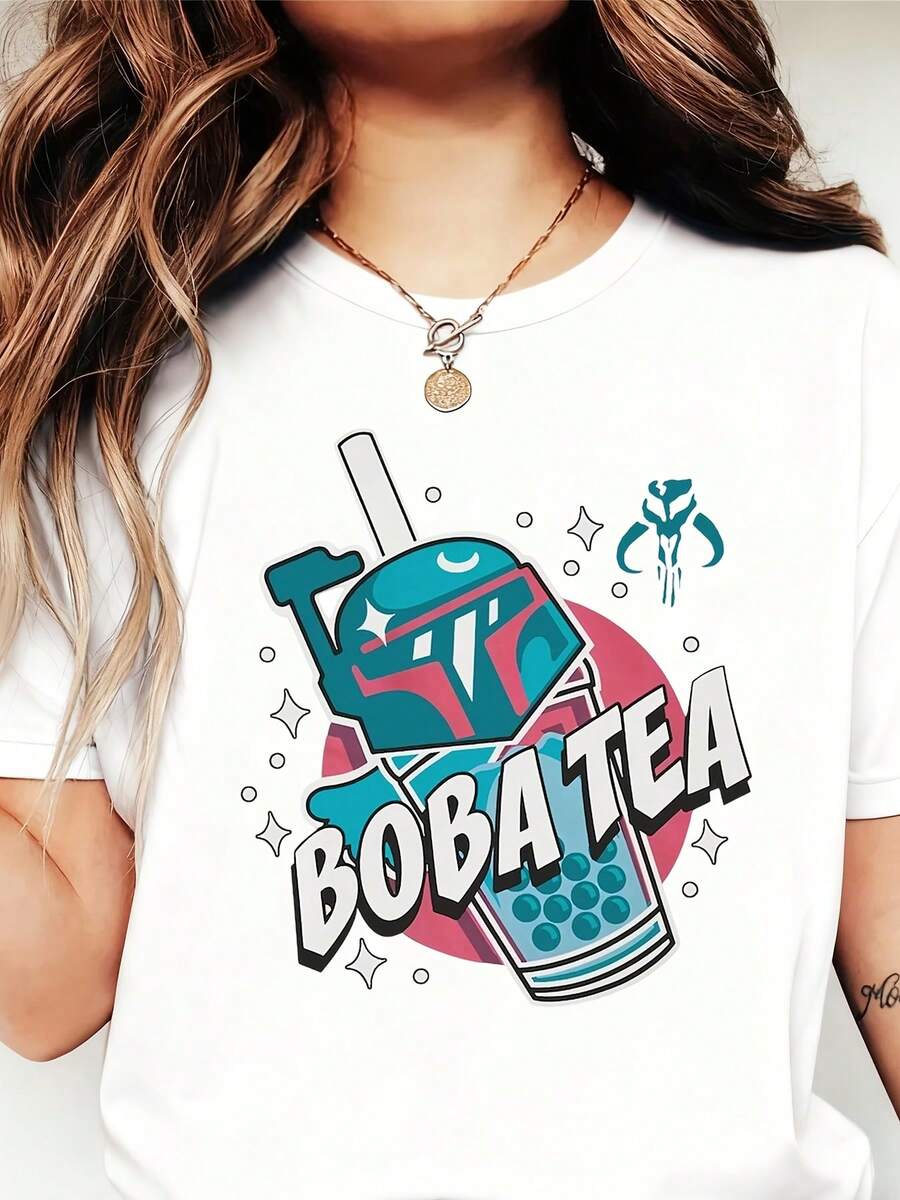 Boba Tea Mandalorian Helmet Design Women's T-Shirt Casual Fun Graphic Shirt For Tea Lovers And Pop Culture Fans - White - View 1