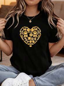 Women's Valentine's Day T-Shirt - Casual Short Sleeve Crew Neck Blouse With Prints, Machine Washable, Spring And Summer, Digital Print T-Shirt, Regular Fit For Everyday Outfits All Year Round (Not See-Through) - 黑色 - 查看 1