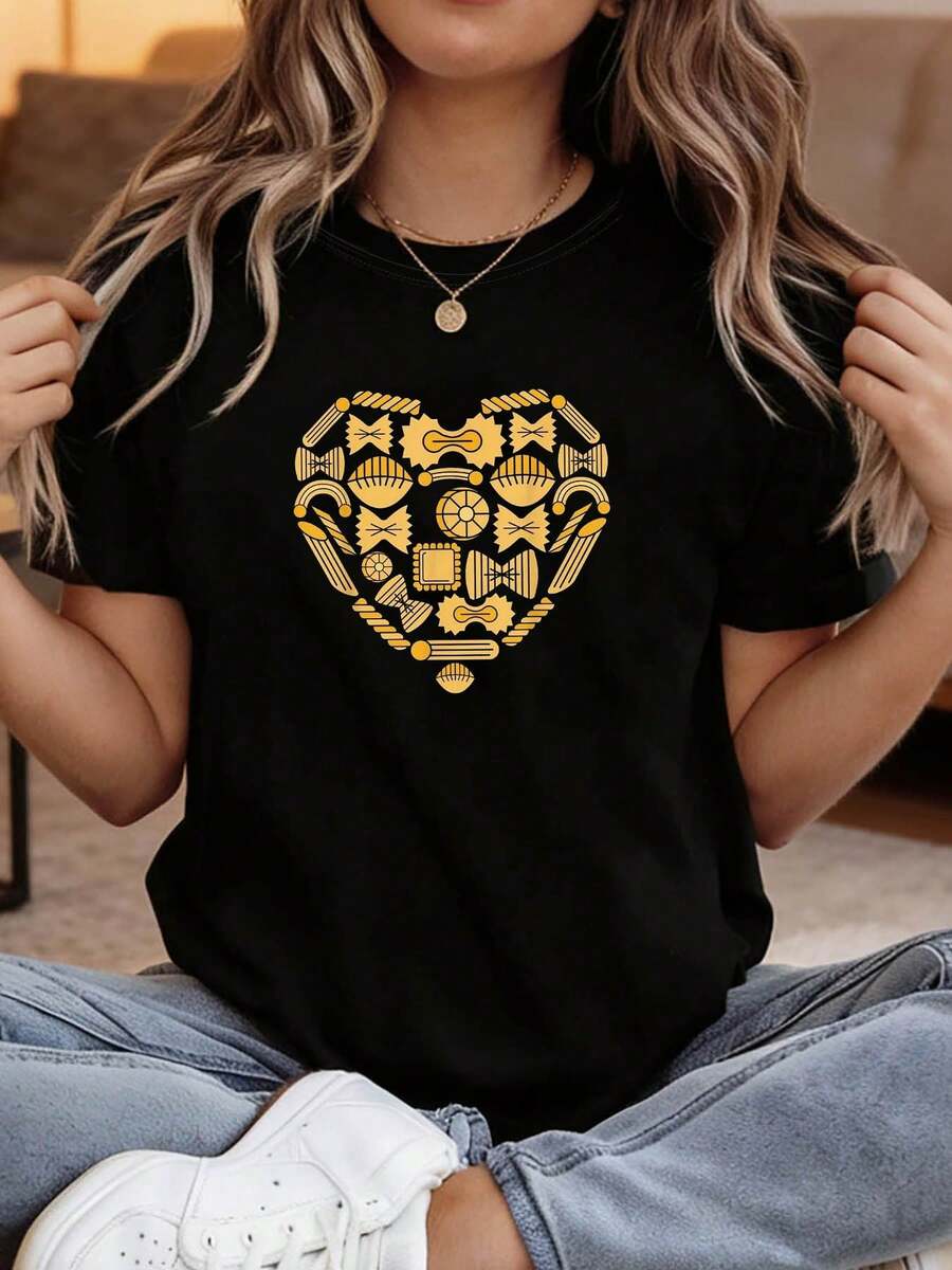 Women's Valentine's Day T-Shirt - Casual Short Sleeve Crew Neck Blouse With Prints, Machine Washable, Spring And Summer, Digital Print T-Shirt, Regular Fit For Everyday Outfits All Year Round (Not See-Through) - 黑色 - 查看 1