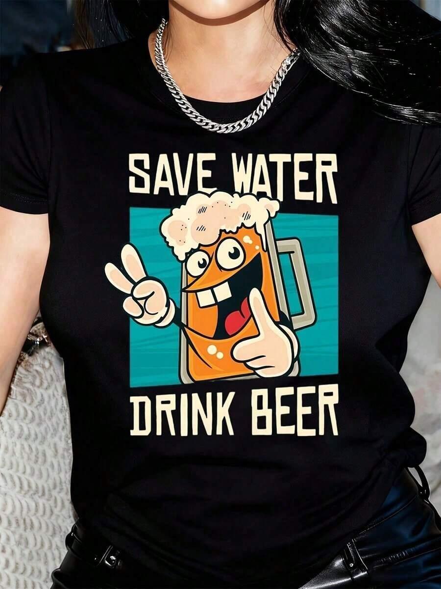 ropa de mujer Camiseta de manga corta con estampado de taza de cerveza de dibujos animados para mujer - Cuello redondo casual, top de moda para todas las estaciones, ideal para ir al trabajo, vacaciones y uso diario, camisetas lindas, camisas de mujer - Negro - Ver 1
