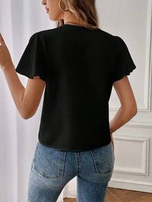 Camisa de mujer de unicolor con escote en V entallado y manga corta, informal y adecuada para el trabajo, blusas de manga corta - Negro - Ver 2