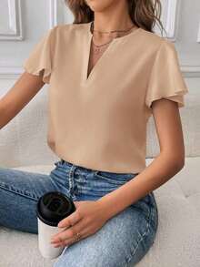 Camisa de mujer de unicolor con escote en V entallado y manga corta, informal y adecuada para el trabajo, blusas de manga corta - Caqui - Ver 3