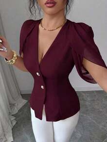 Blazer elegante y romántico para mujer con cuello en V, plisado y cintura ceñida - Burdeos - Ver 1