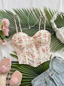 Top de camisola de malla con estampado floral vintage romántico para mujeres, adecuado para vacaciones, citas, té de la tarde, vacaciones, festivales de música, estilo bohemio, primavera/verano - Multicolor - Ver 1