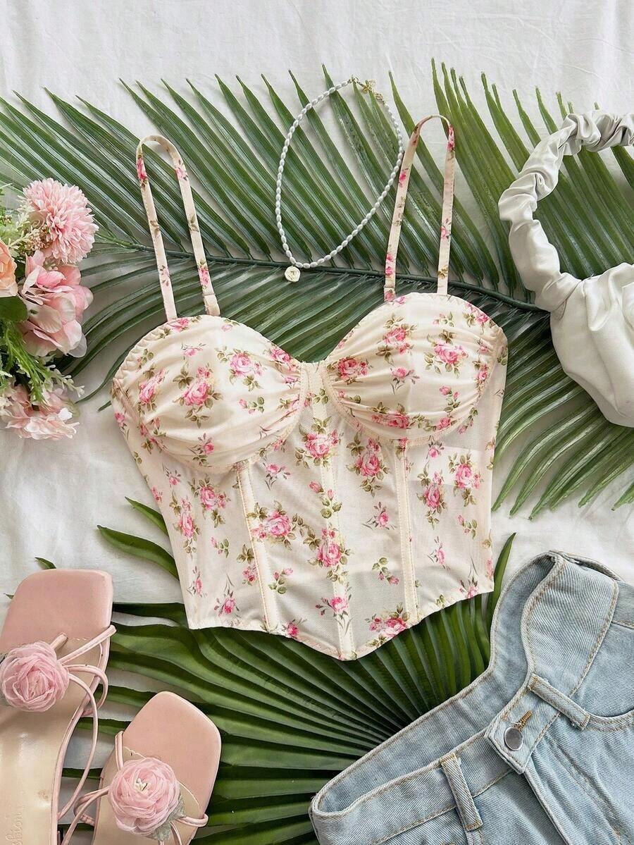 Top de camisola de malla con estampado floral vintage romántico para mujeres, adecuado para vacaciones, citas, té de la tarde, vacaciones, festivales de música, estilo bohemio, primavera/verano - Multicolor - Ver 1