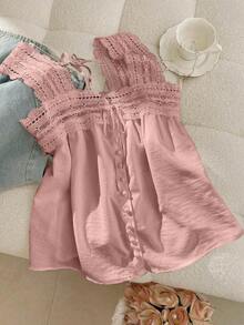 Blusa sin mangas de verano para mujer, de unicolor con parches de encaje - Rosa - Ver 6