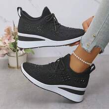 Women's New Sports Style Lace-Up Rhinestone Outdoor Wedge Thick Bottom Casual Sneakers, Breathable Comfortable Running Shoes, Outdoor Travel Shoes, Suitable For All Seasons,Indoor Chunky Heels, Casual Sports Shoes For Commuting To Work - 黑色 - 查看 9