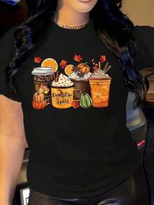 Camisetas de mujer con estampado de hojas de calabaza, estrellas naranjas, ramas de canela y rodajas de naranja. - Negro - Ver 6